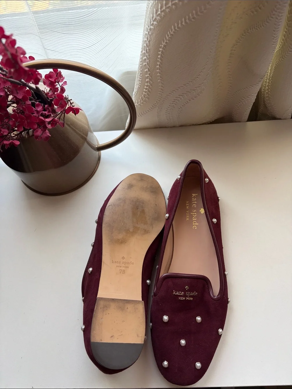 kate spade Pearl-Studded Burgundy Suede Flats